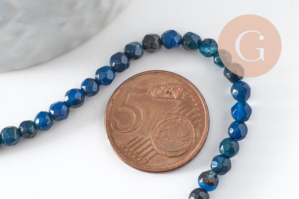 Perles Rondes facettées agate bleue foncée 4mm, perle agate naturelle, pierre gemme, perle facette,4mm,fil de 37cm x1 (G1087)