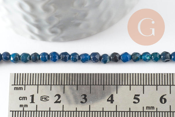 Perles Rondes facettées agate bleue foncée 4mm, perle agate naturelle, pierre gemme, perle facette,4mm,fil de 37cm x1 (G1087)