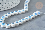 Perles Rondes plates porcelaine blanche mauvais œil bleu 8x5mm, bijou céramique, x10 (G8007)