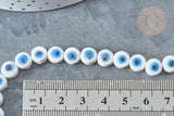 Perles Rondes plates porcelaine blanche mauvais œil bleu 8x5mm, bijou céramique, x10 (G8007)