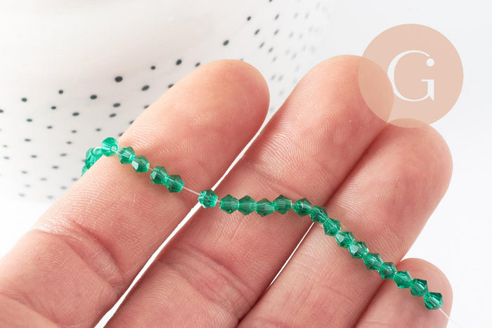 Perles cristal toupies à facette vert transparent, perle cristal vert, , fil de 45cm, 3x3mm, x1 (G0950)