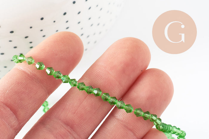 Perles cristal toupies facette vert transparent, perles bijoux,Perle bicone facette, 3mm, fil de 47cm, x1 (G0322)