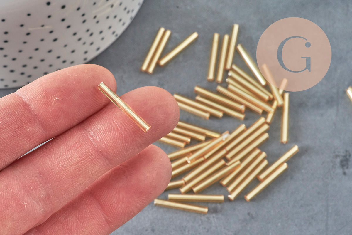 Cuentas de semillas tubos de oro metálico 20x2.5mm, fabricación de joyas bisutería, x 10gr G8989 