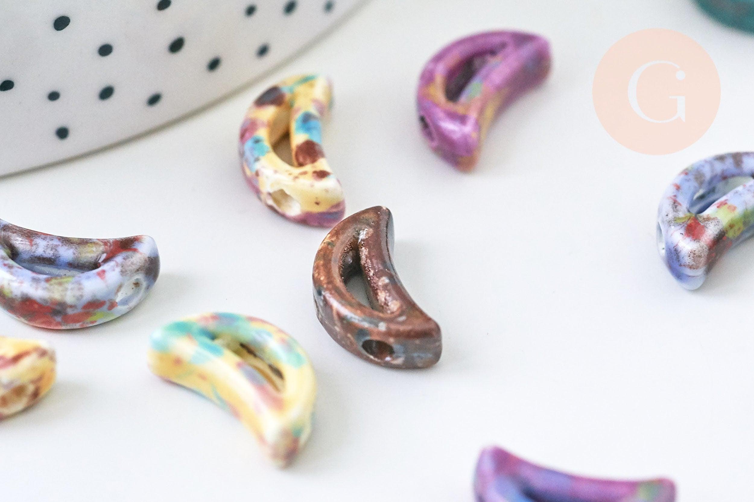 Perles en porcelaine lune 16mm émail multicolore, création bijoux porcelaine céramique, x5 (G5649)