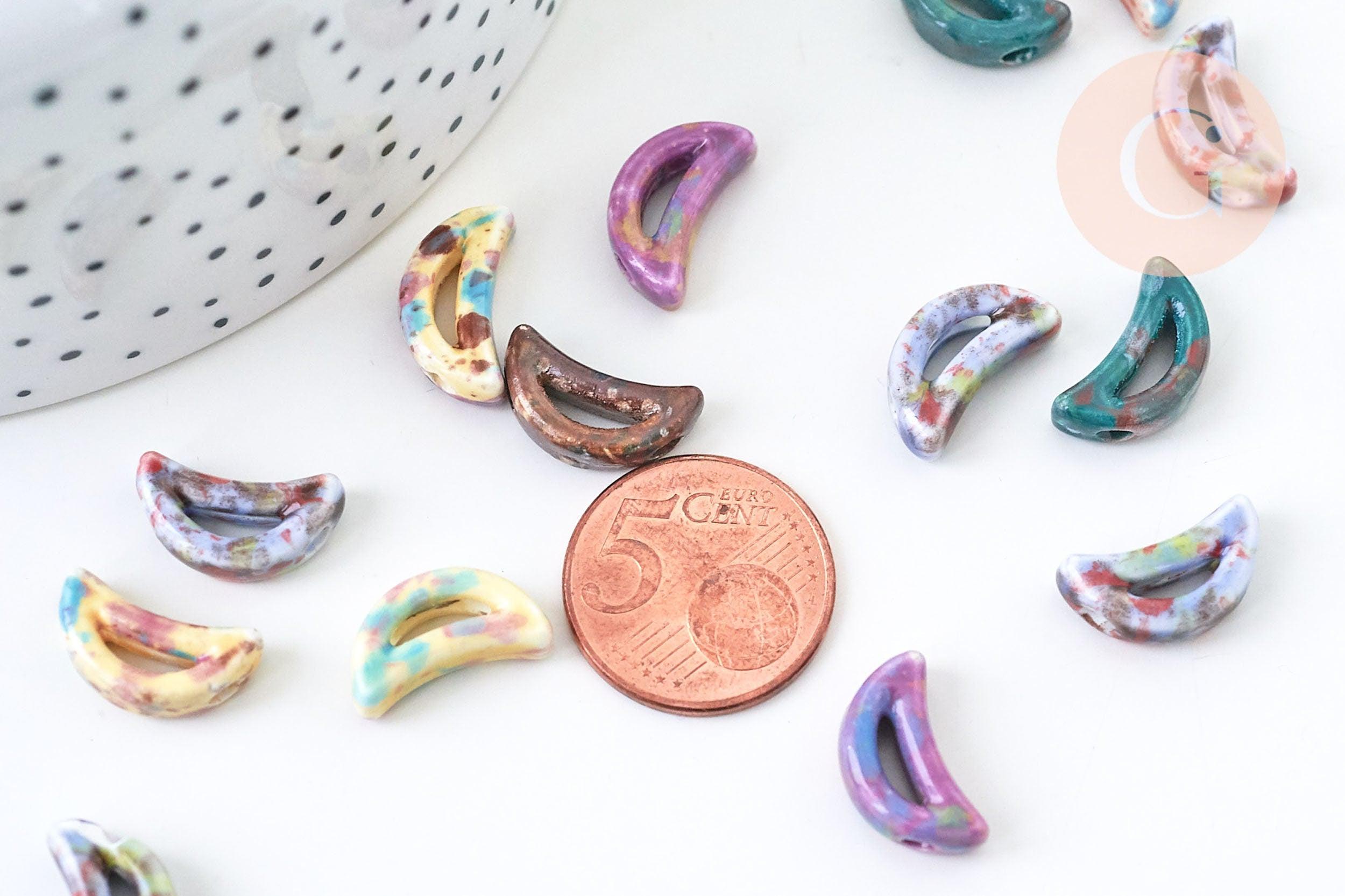 Perles en porcelaine lune 16mm émail multicolore, création bijoux porcelaine céramique, x5 (G5649)