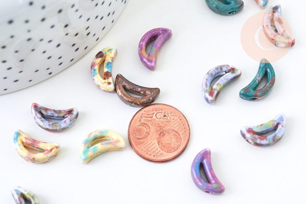 Perles en porcelaine lune 16mm émail multicolore, création bijoux porcelaine céramique, x5 G5649