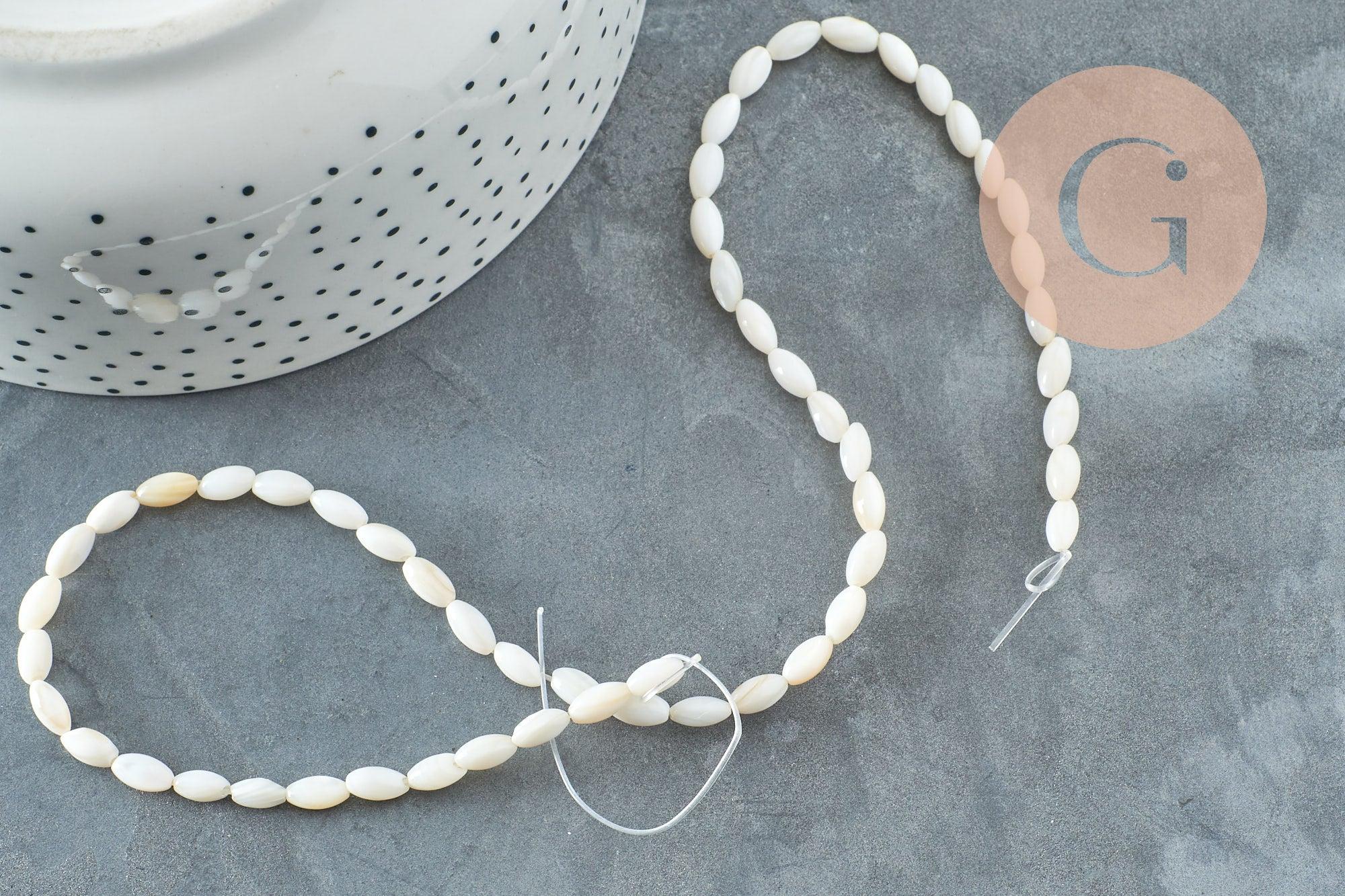 Perles grain de riz nacre naturelle blanche 8mm, x1 fil de 38cm (G0770)