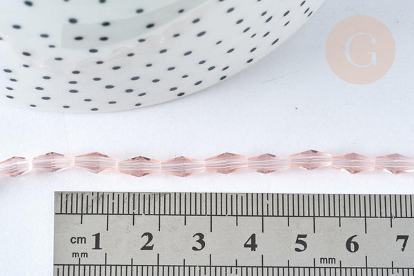 Perles losanges verre facettées transparente rose clair 8x4mm, cristal, fil de 58.4cm, x1 (G7329)