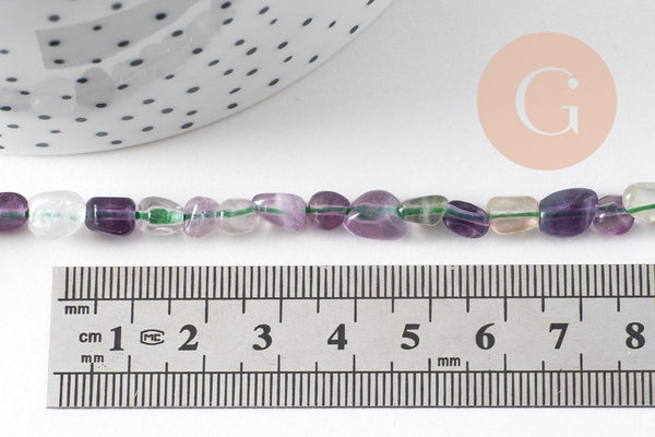 Perles pépite fluorite naturelle violette 7mm, fil de 39cm, x1 (G2128)