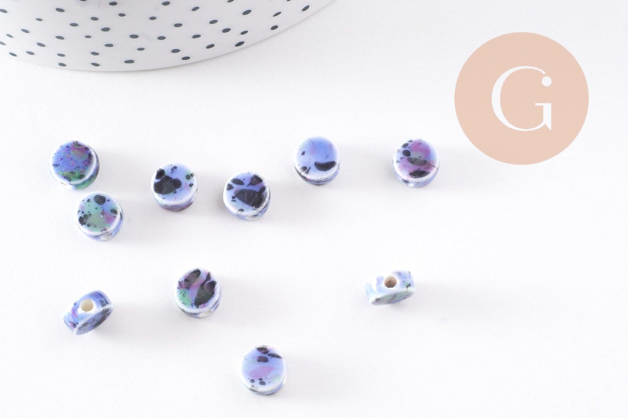 Perles porcelaine bleue clair moucheté, perle céramique, perle porcelaine,perle disque, céramique bleue,8mm, x10 G4777