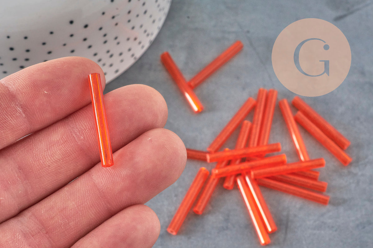 Cuentas de semillas de tubo, cuentas de semillas de naranja, vidrio naranja, tubo largo, cuenta de tubo naranja, 28 mm, x 10 g G4392