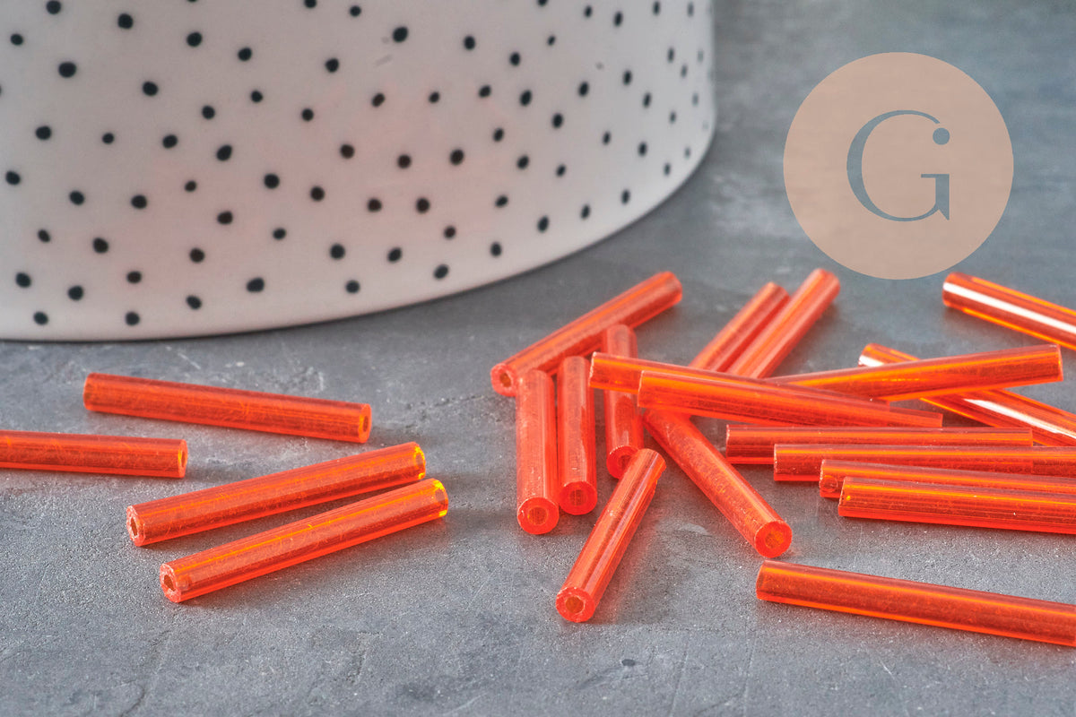 Cuentas de semillas de tubo, cuentas de semillas de naranja, vidrio naranja, tubo largo, cuenta de tubo naranja, 28 mm, x 10 g G4392