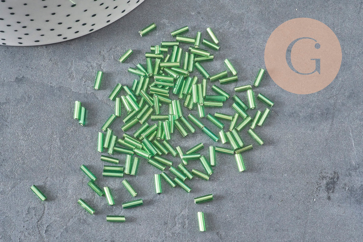 Cuentas de semillas de tubo verde, cuentas de semillas verdes, cuentas verdes metálicas, tubo largo, 6 mm x 2 mm, x 5 gr G2691