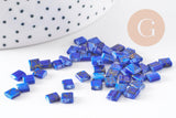 Perles rocaille carré verre rectangle bleu, façon perle tila,4.5mm/2 trous, x50 (G5476)