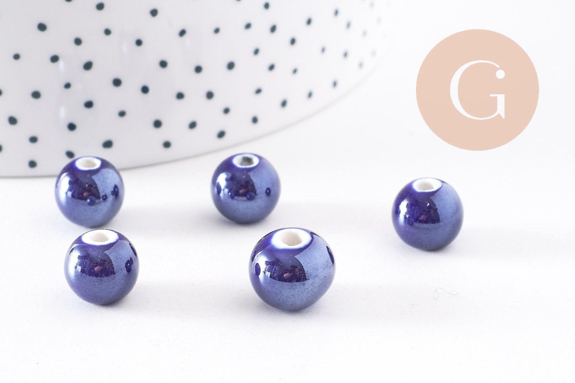 Perles ronde porcelaine bleu irisé,perle ronde bleu canard, porcelaine bleue, 1cm, x5 (G1162)