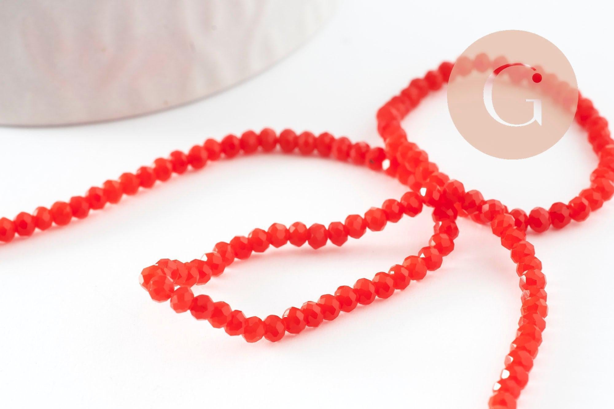 Perles rondelles verre opaque facettées rouge-orange 3x2mm, bijoux cristal, bijou fantaisie DIY, le fil de 39cm x1 (G8257)