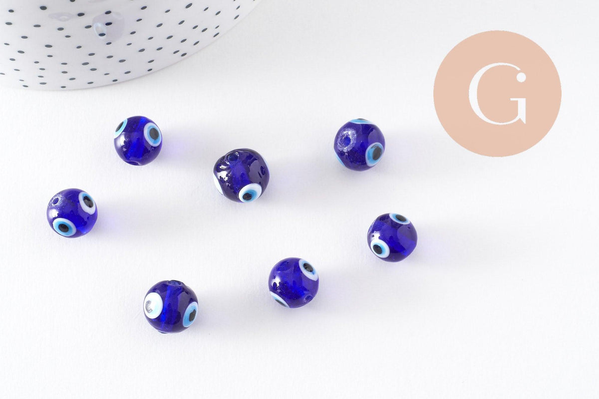 Perles rondes Mauvais Oeil bleue,perle Bijoux, perles rondes,perle verre artisanal chance pour création bijoux, 12mm, x10 (G3338)