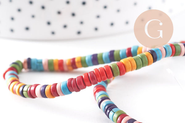 Perles rondes rondelles howlite multicolore, perles pierre,fabrication bijoux,perle heshi,howlite synthétique, fil de 160 perles, X1 G4500