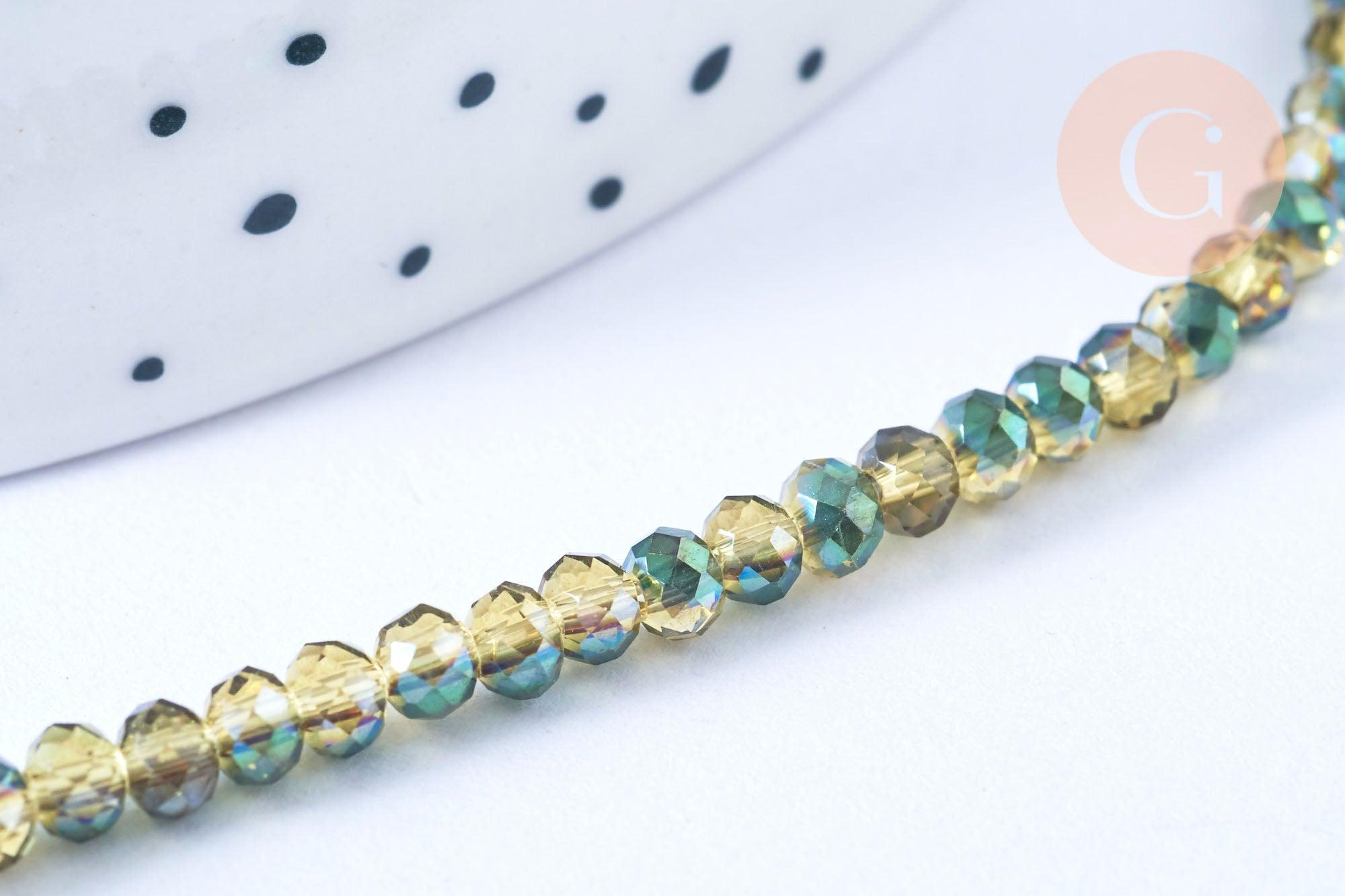 Perles toupies cristal bicolore jaune vert irisé 3.5x2.5mm,Perle verre facette, fil 25.4cm x1 (G6761)