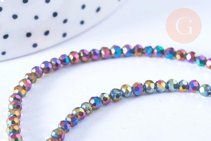 Perles toupies cristal noir irisé 3.5x2.5mm, perles bijoux, perle cristal,Perle verre facette,création bijoux, fil 25.4cm (G6754)