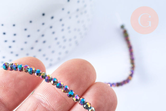 Perles toupies cristal noir irisé 3.5x2.5mm, perles bijoux, perle cristal,Perle verre facette,création bijoux, fil 25.4cm (G6754)