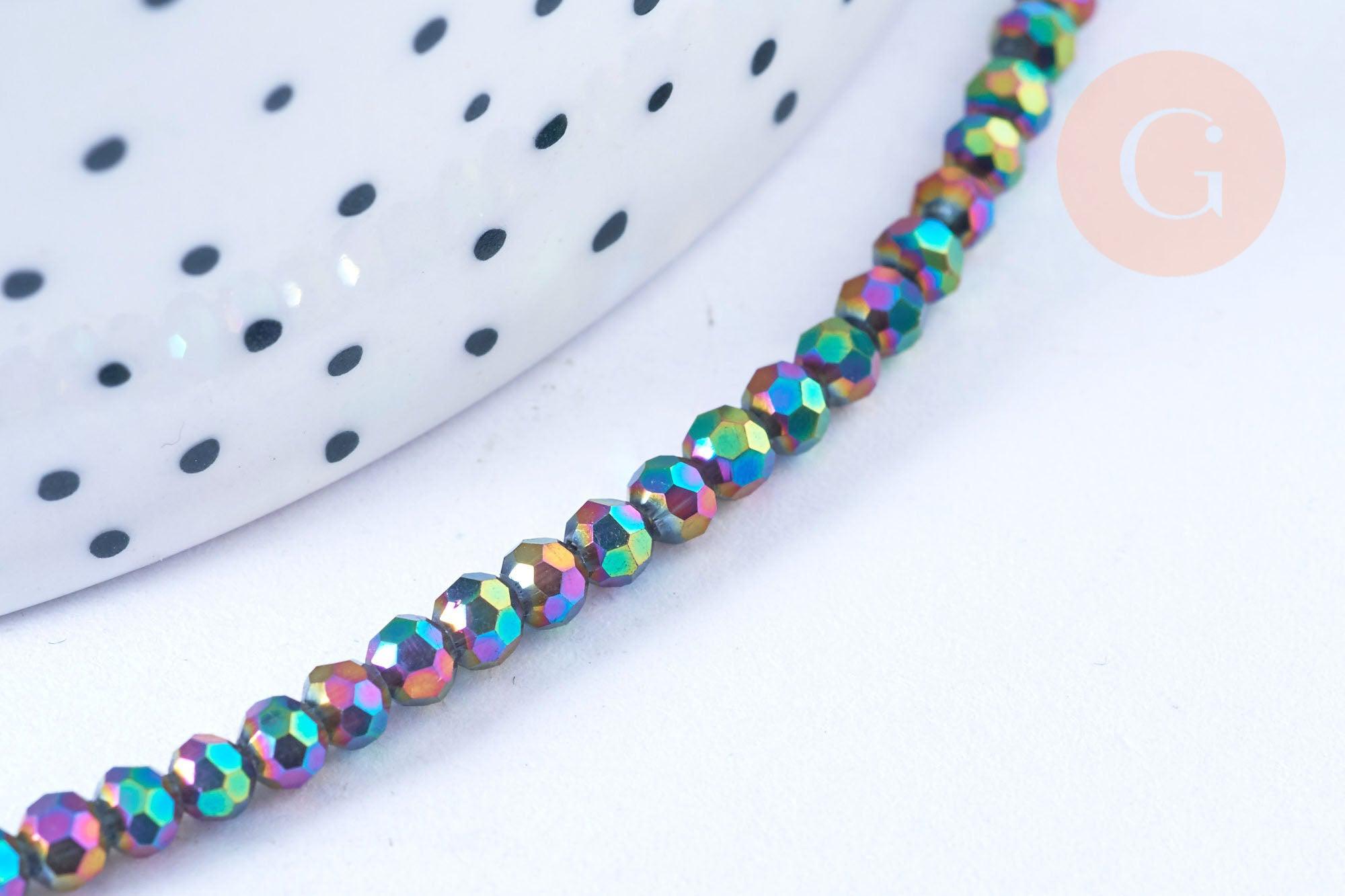 Perles toupies cristal noir irisé 3.5x2.5mm, perles bijoux, perle cristal,Perle verre facette,création bijoux, fil 25.4cm (G6754)