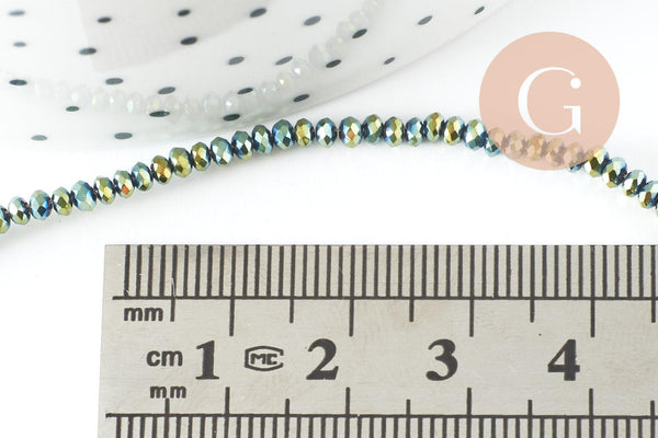 Perles toupies cristal vert métallisé facette, fil de 180 perles, 3x2mm, x1 (G5909)
