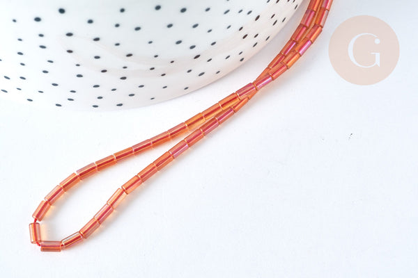 Perles tube à facettes rouge orangé, perle tissage, 4.5x2.5mm, fil de 36cm, x1 (G7342)