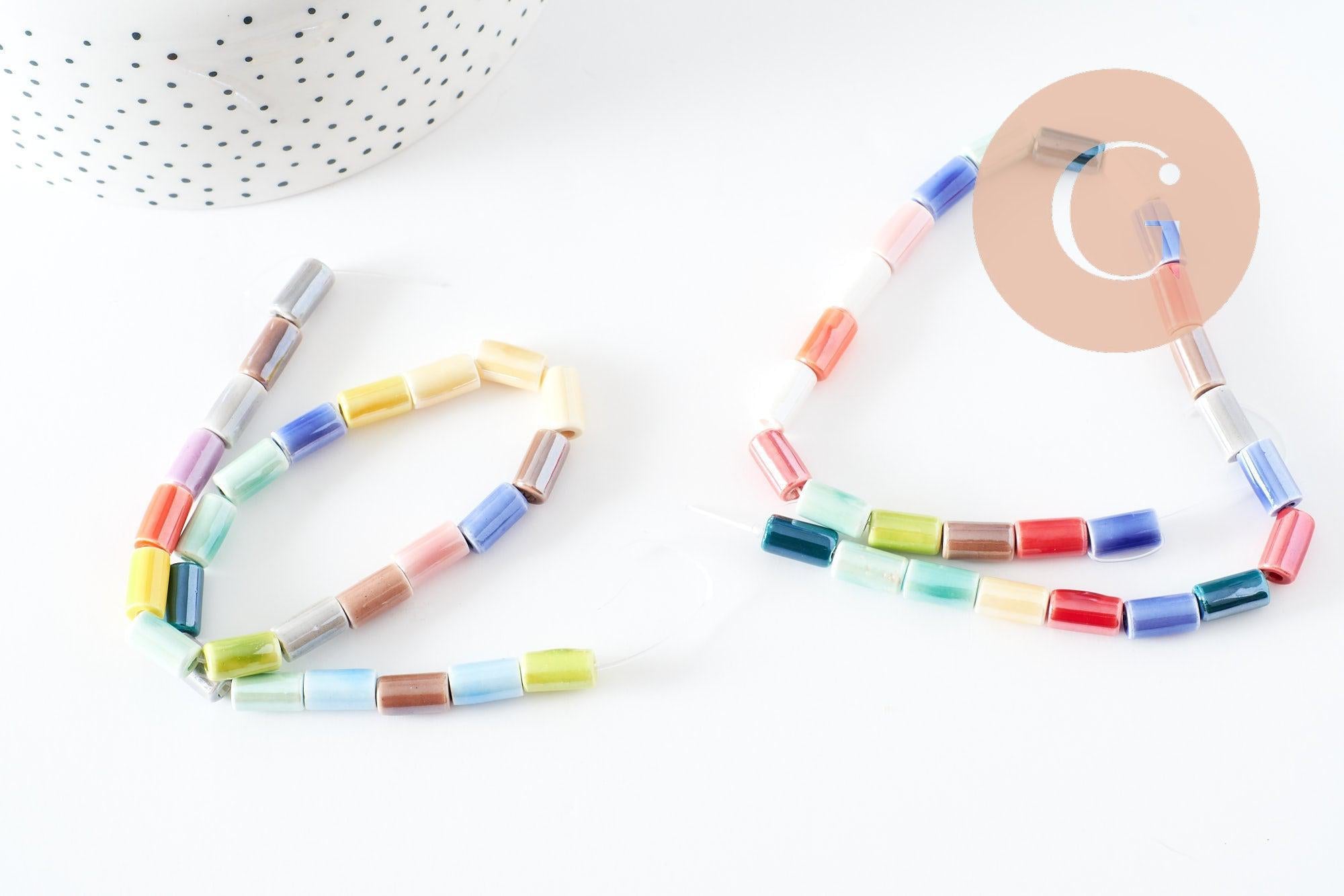 Perles tube porcelaine multicolore 11mm, création bijoux fantaisie DIY, fil de 30cm, x1 (G9659)