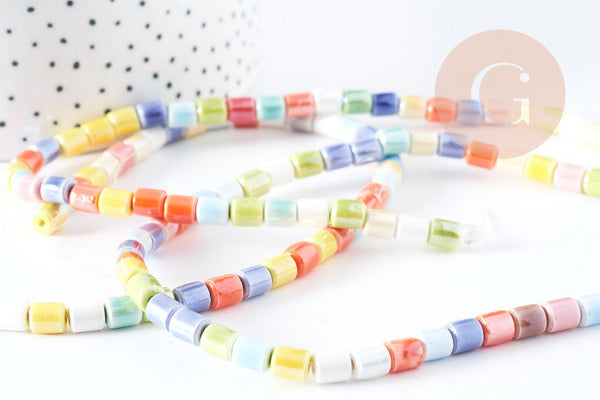 Perles tube porcelaine multicolore 6.5mm, création bijoux fantaisie DIY, fil de 30cm, x1 G8986