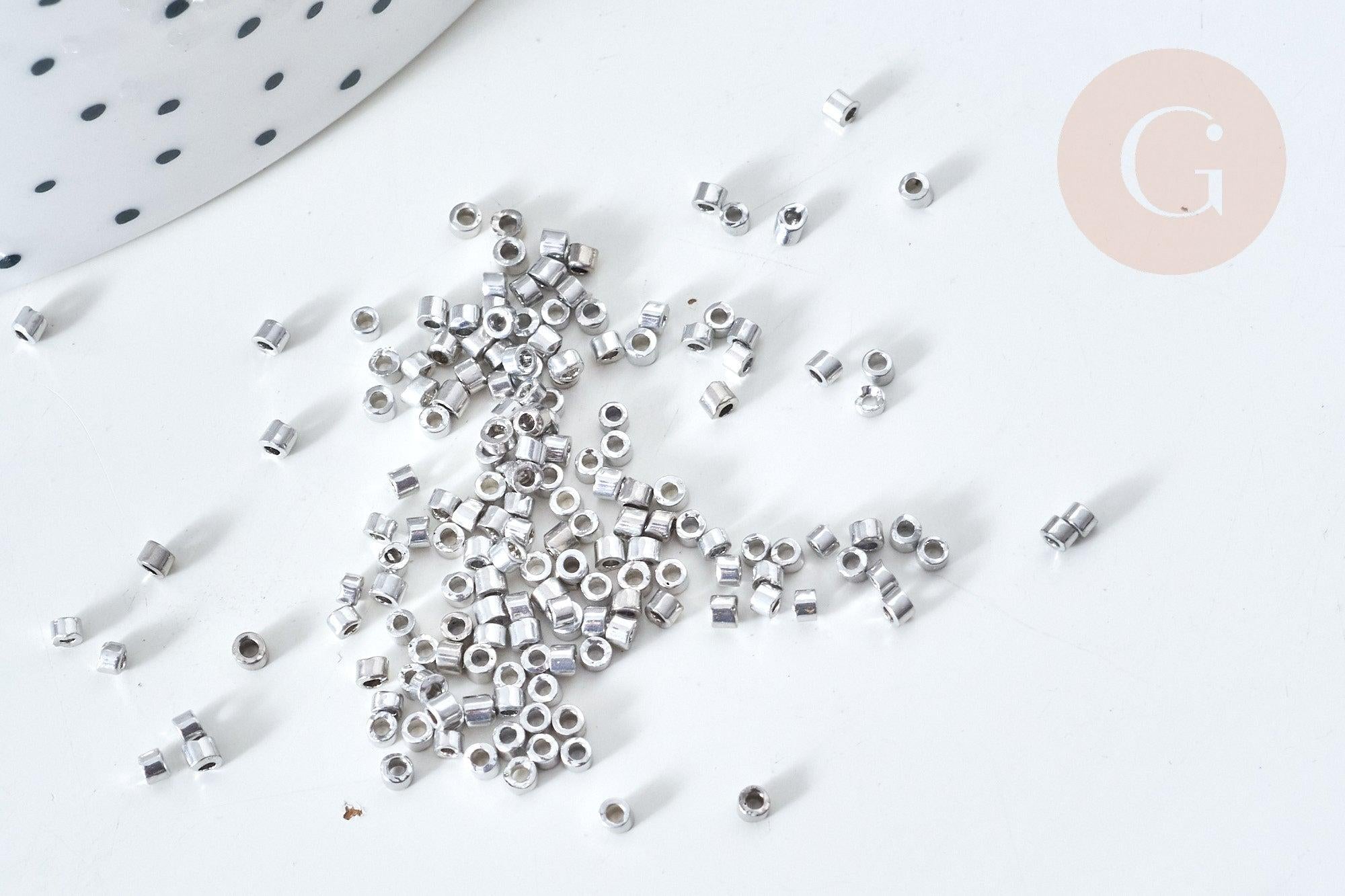 Perles tube verre argent métallisé brillant façon Delica miyuki,x1 Sachet 8g (G7761)