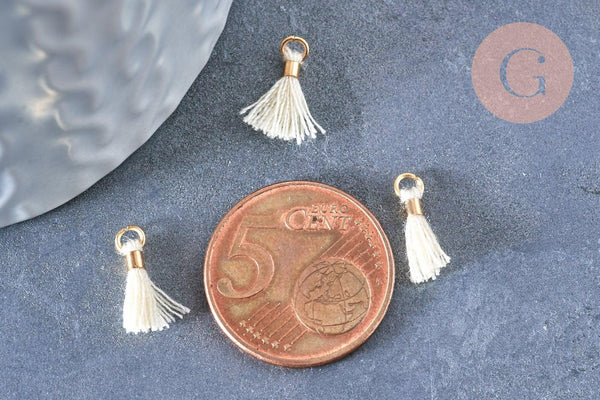 Pompon blanc écru polyestère support doré, pompon boucles,fabrication bijoux bohème,10-16mm, x5 (G4546)