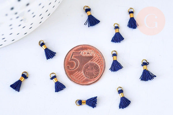 Pompon bleu foncé polyestère support doré,décoration pompon, pompon boucles,fabrication bijoux bohème,10-15mm, x10 (G5562)