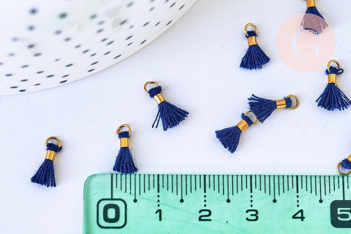 Pompon bleu foncé polyestère support doré,décoration pompon, pompon boucles,fabrication bijoux bohème,10-15mm, x10 (G5562)