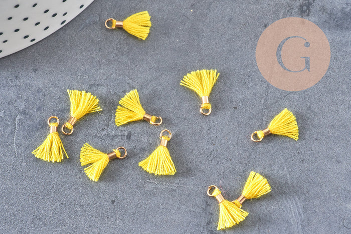 Pompon jaune polyestère support doré,décoration pompon, pompon boucles,fabrication bijoux bohème,10-15mm,les 10 (G6237)