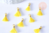 Pompon jaune polyestère support doré,décoration pompon, pompon boucles,fabrication bijoux bohème,10-16mm, x10 (G4262)
