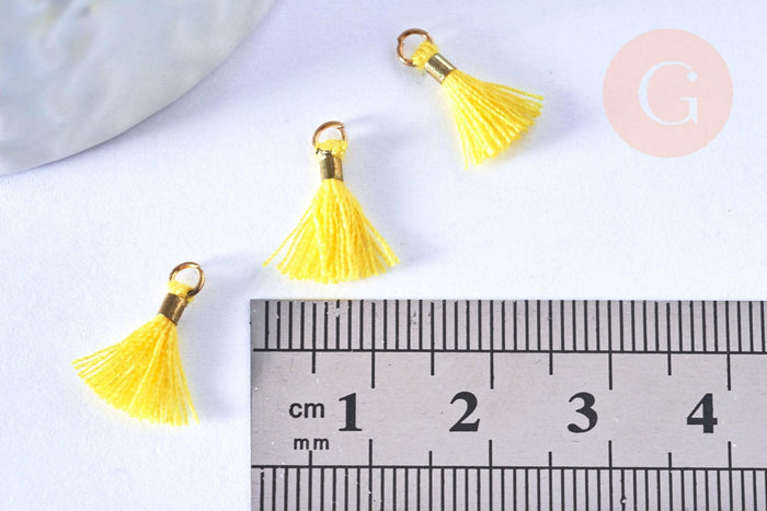 Pompon jaune polyestère support doré,décoration pompon, pompon boucles,fabrication bijoux bohème,10-16mm, x10 (G4262)