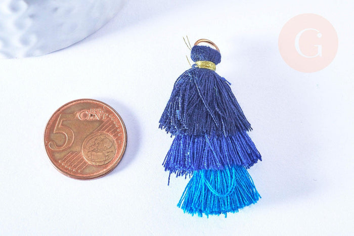 Pompon tricolore camaieu bleu coton 43mm, décoration pompon, triple pompon, boucles pompon, x1 (G2127)