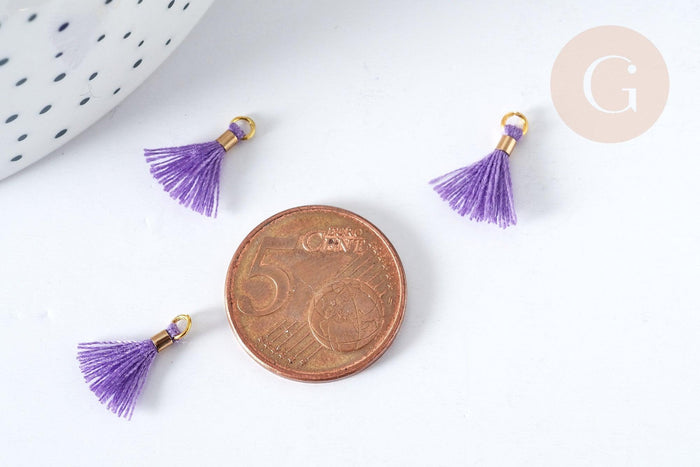 Pompon violet polyestère support doré 10-15mm,décoration pompon, pompon boucles,fabrication bijoux bohème, x10 (G8220)