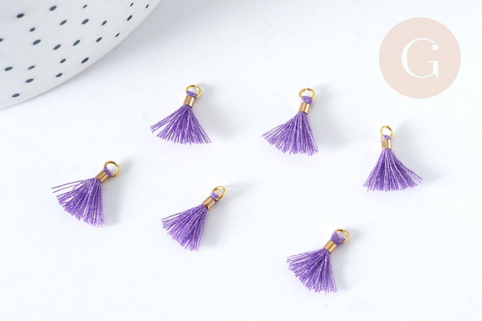 Pompon violet polyestère support doré 10-15mm,décoration pompon, pompon boucles,fabrication bijoux bohème, x10 (G8220)