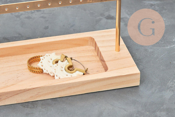 Présentoir à bijoux boucles d'oreilles laiton doré socle bois 30cm, x1 (G9451)