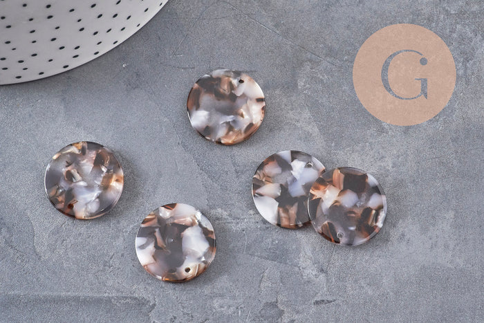 Pendentif rond marron beige plastique acétate 22mm, x2 (G2837)