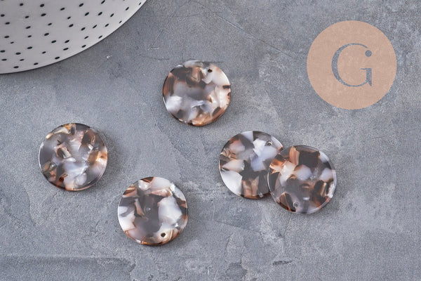 Pendentif rond marron beige plastique acétate 22mm, x2 (G2837)