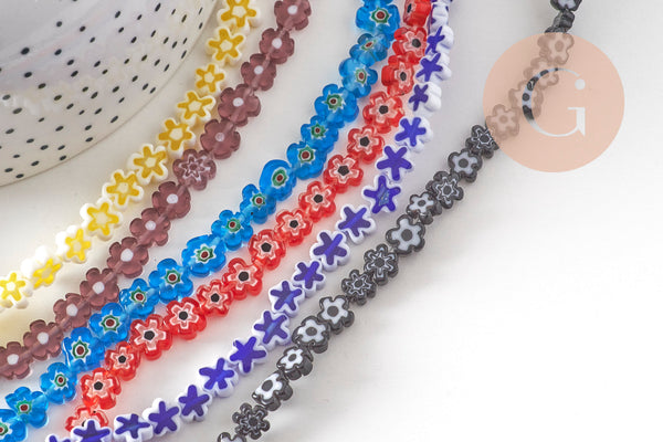 Perles fleurs verre millefiori artisanal 6.5-9mm, x1 fil de 40cm (G10493)