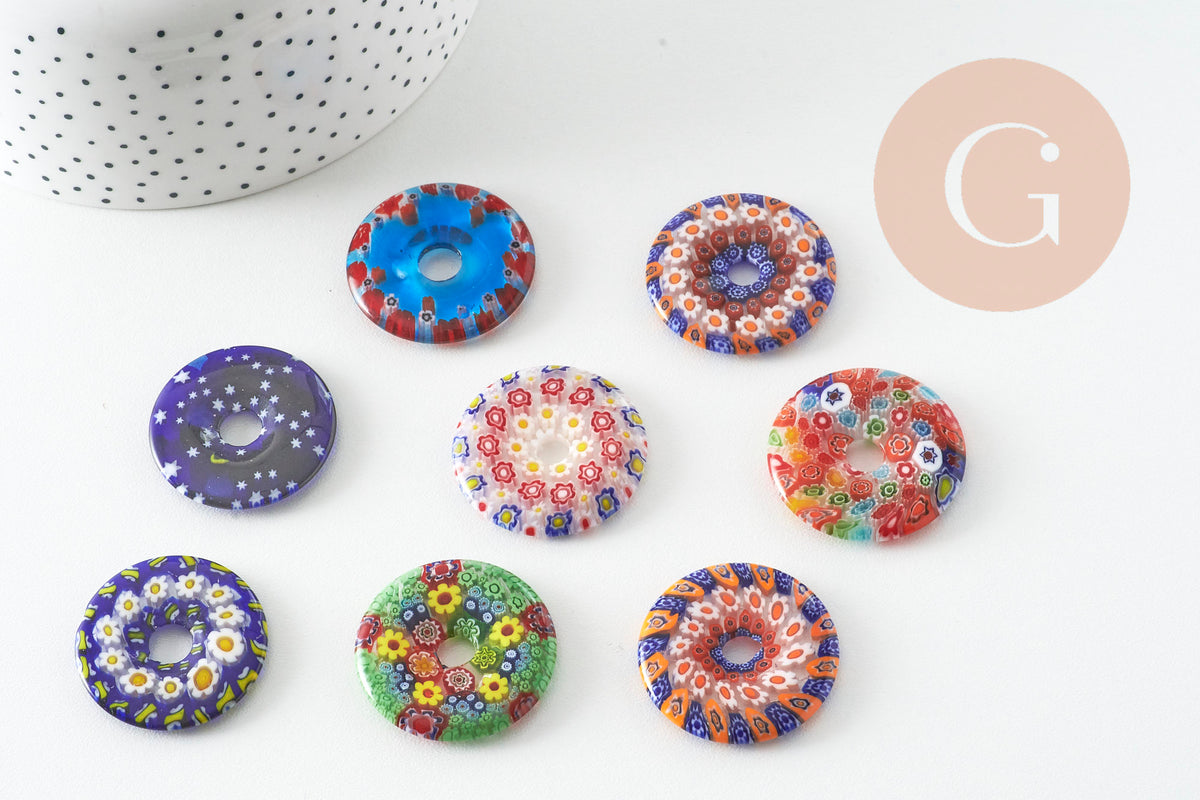 Multicolored murano millefiori donut pendant 29-39mm x1 (G1451)