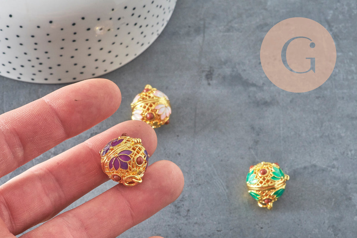 Pendentif cage pour bola harmonie doré émaillé 22mm, x1 (G3707)-Breloques et pendentifs-Gingerlily Perles