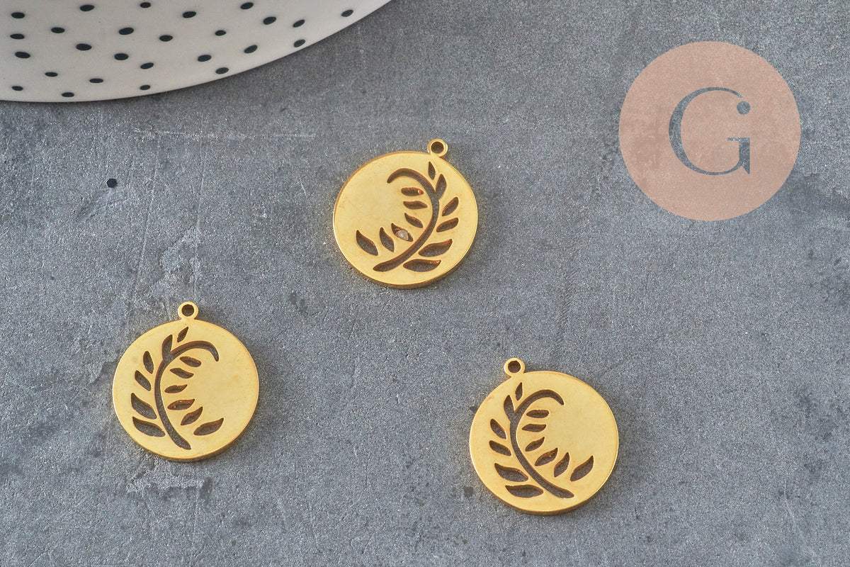 Round flat leaf pendant, 201 stainless steel, PVD gold plated, 18mm, x1 (G7973)