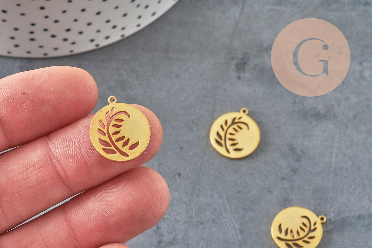 Round flat leaf pendant, 201 stainless steel, PVD gold plated, 18mm, x1 (G7973)