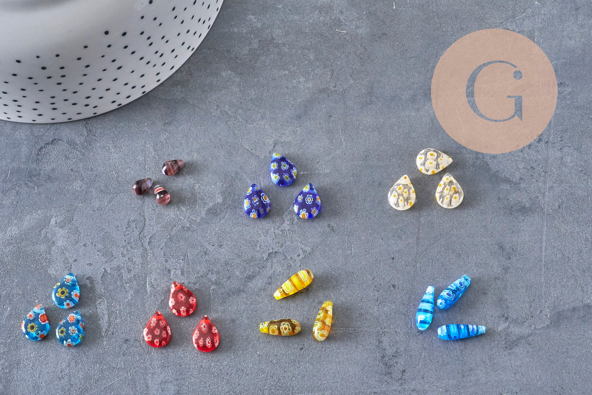 Millefiori glass drop beads 10-17mm, handmade glass beads for jewelry making, x5 (G1943)