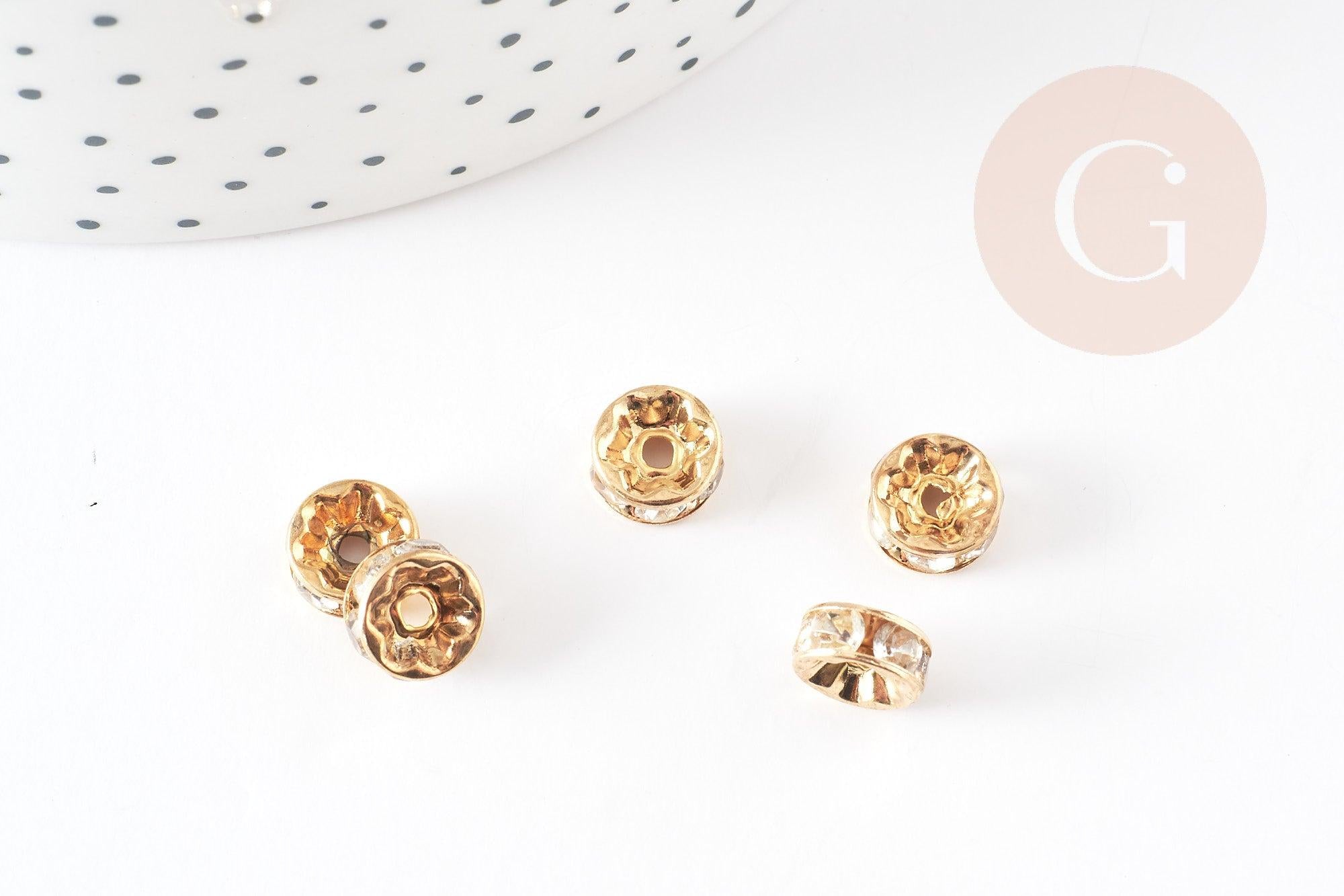 Rondelle fer doré zircon grade B 8mm, perles dorées, perle intercalaire, perle disque, x10 (G5739)